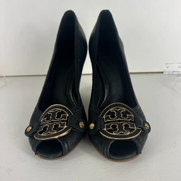 Tory Burch Wedge Pumps Women's Size 9 M Black Gold Leather Logo Peep Toe Wood - Picture 4 of 14
